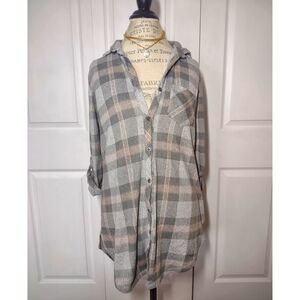 Polly & Esther Women's Medium Plaid Button Down  Roll Tab Sleeve| Grey & Pink